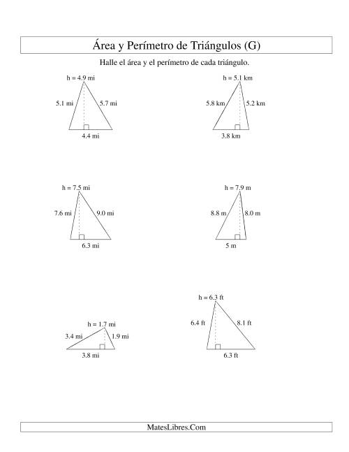 La hoja de ejercicios de Área y Perímetro de Triángulos, Un Lugar Decimal, Rango de 1 a 9 (G)