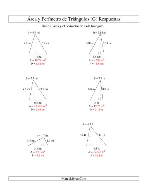 La hoja de ejercicios de Área y Perímetro de Triángulos, Un Lugar Decimal, Rango de 1 a 9 (G) Página 2