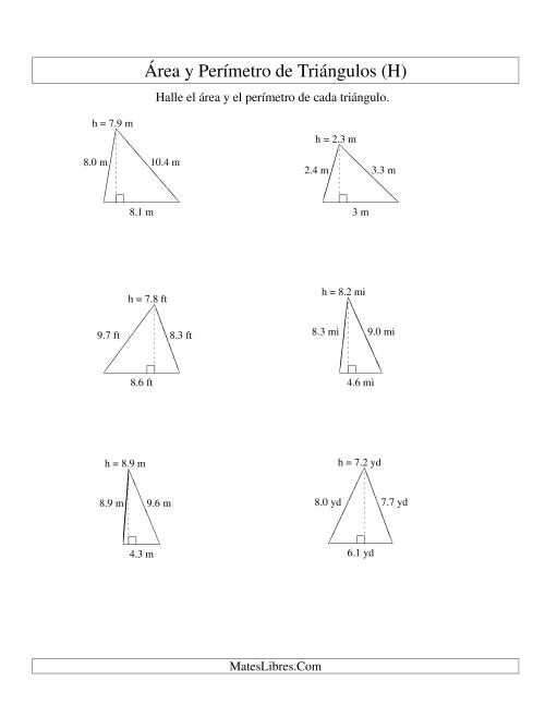 La hoja de ejercicios de Área y Perímetro de Triángulos, Un Lugar Decimal, Rango de 1 a 9 (H)