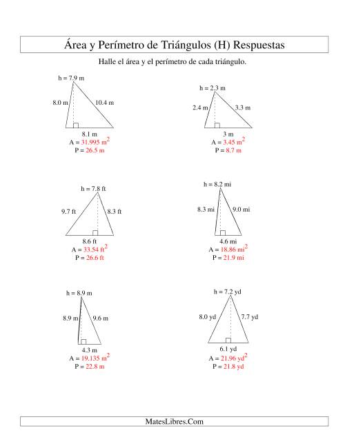 La hoja de ejercicios de Área y Perímetro de Triángulos, Un Lugar Decimal, Rango de 1 a 9 (H) Página 2