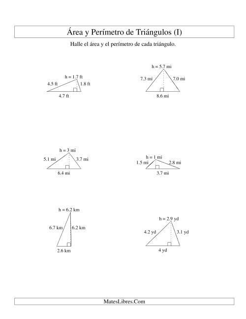 La hoja de ejercicios de Área y Perímetro de Triángulos, Un Lugar Decimal, Rango de 1 a 9 (I)