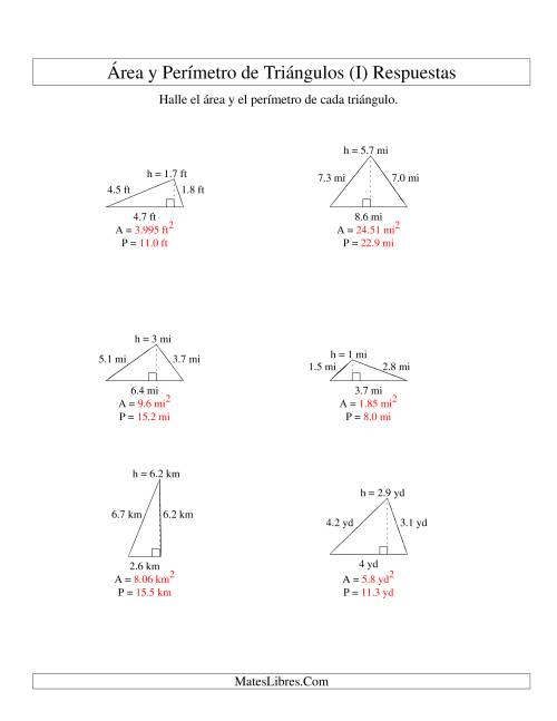 La hoja de ejercicios de Área y Perímetro de Triángulos, Un Lugar Decimal, Rango de 1 a 9 (I) Página 2