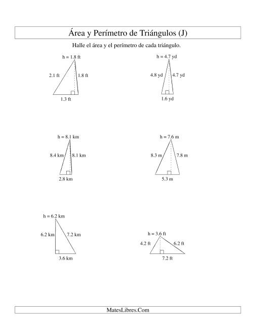 La hoja de ejercicios de Área y Perímetro de Triángulos, Un Lugar Decimal, Rango de 1 a 9 (J)