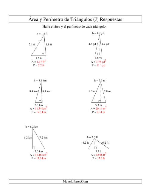 La hoja de ejercicios de Área y Perímetro de Triángulos, Un Lugar Decimal, Rango de 1 a 9 (J) Página 2
