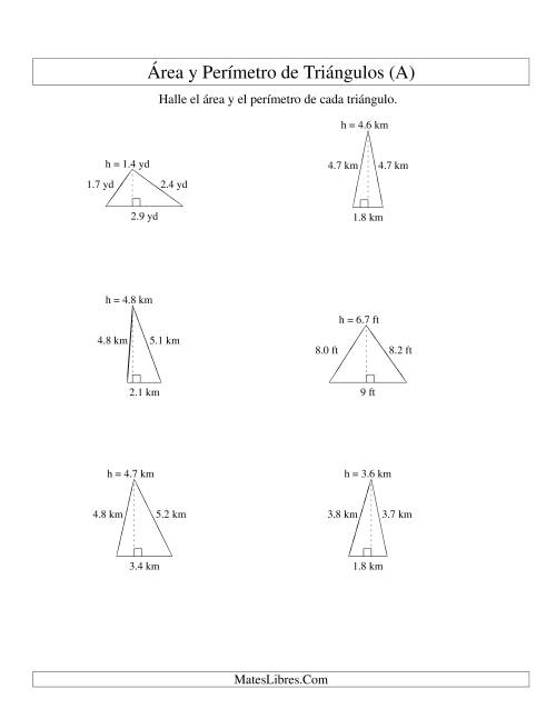 La hoja de ejercicios de Área y Perímetro de Triángulos, Un Lugar Decimal, Rango de 1 a 9 (Todas)