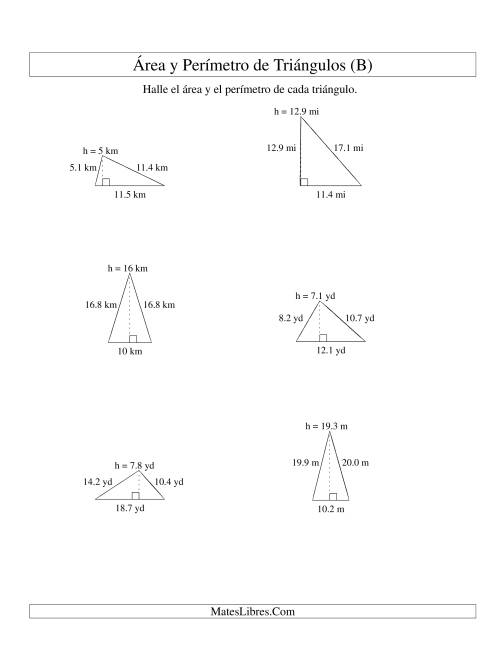 La hoja de ejercicios de Área y Perímetro de Triángulos, Un Lugar Decimal, Rango de 5 a 20 (B)