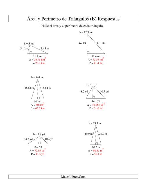 La hoja de ejercicios de Área y Perímetro de Triángulos, Un Lugar Decimal, Rango de 5 a 20 (B) Página 2