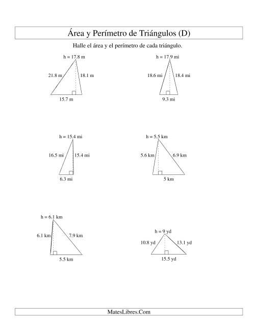 La hoja de ejercicios de Área y Perímetro de Triángulos, Un Lugar Decimal, Rango de 5 a 20 (D)
