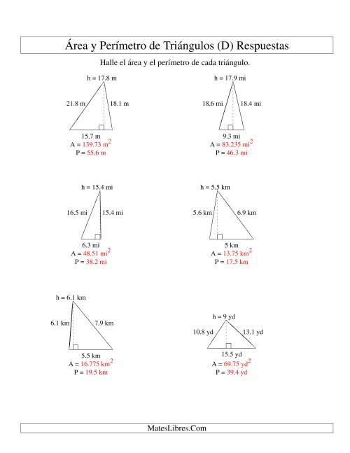 La hoja de ejercicios de Área y Perímetro de Triángulos, Un Lugar Decimal, Rango de 5 a 20 (D) Página 2