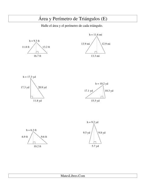 La hoja de ejercicios de Área y Perímetro de Triángulos, Un Lugar Decimal, Rango de 5 a 20 (E)