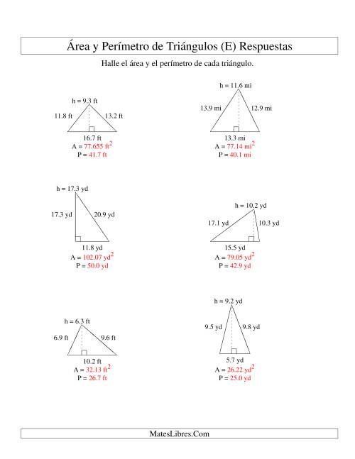 La hoja de ejercicios de Área y Perímetro de Triángulos, Un Lugar Decimal, Rango de 5 a 20 (E) Página 2