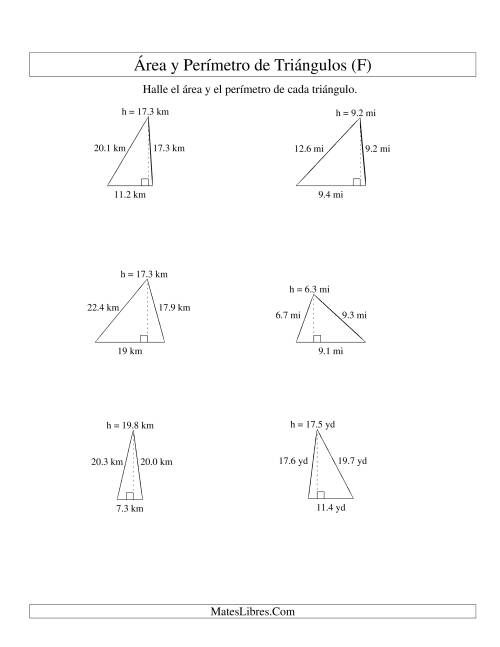 La hoja de ejercicios de Área y Perímetro de Triángulos, Un Lugar Decimal, Rango de 5 a 20 (F)