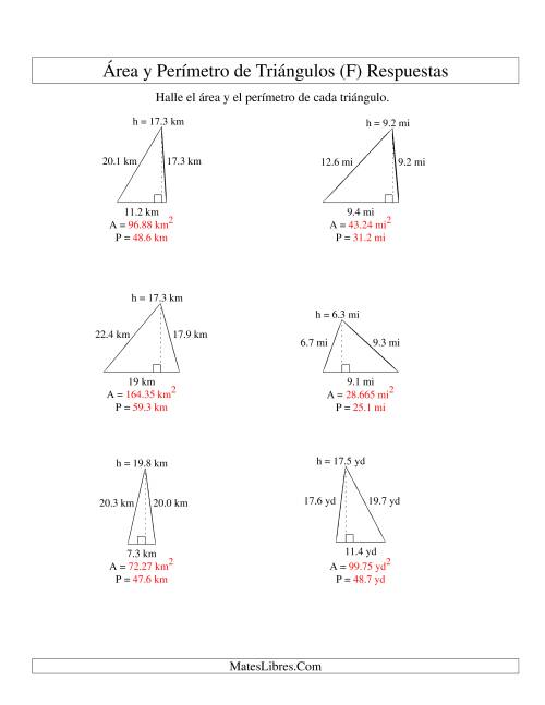 La hoja de ejercicios de Área y Perímetro de Triángulos, Un Lugar Decimal, Rango de 5 a 20 (F) Página 2