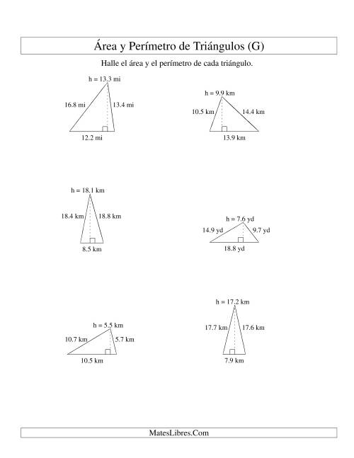 La hoja de ejercicios de Área y Perímetro de Triángulos, Un Lugar Decimal, Rango de 5 a 20 (G)