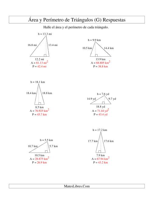 La hoja de ejercicios de Área y Perímetro de Triángulos, Un Lugar Decimal, Rango de 5 a 20 (G) Página 2