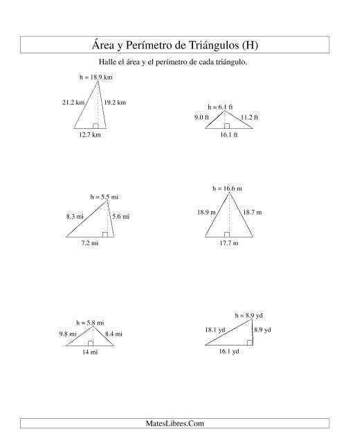 La hoja de ejercicios de Área y Perímetro de Triángulos, Un Lugar Decimal, Rango de 5 a 20 (H)