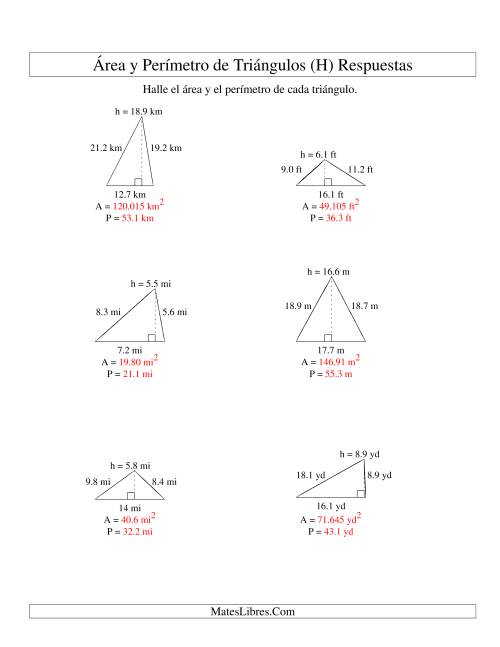La hoja de ejercicios de Área y Perímetro de Triángulos, Un Lugar Decimal, Rango de 5 a 20 (H) Página 2