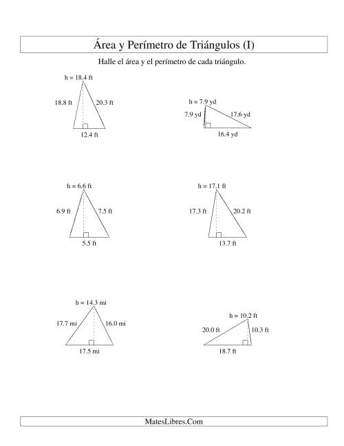 La hoja de ejercicios de Área y Perímetro de Triángulos, Un Lugar Decimal, Rango de 5 a 20 (I)