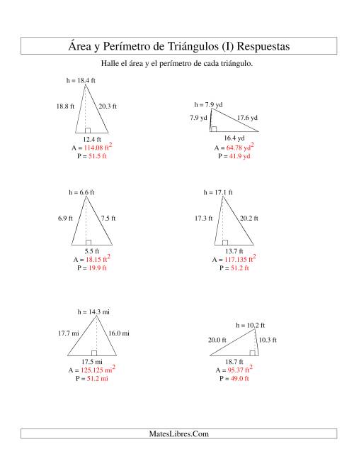 La hoja de ejercicios de Área y Perímetro de Triángulos, Un Lugar Decimal, Rango de 5 a 20 (I) Página 2