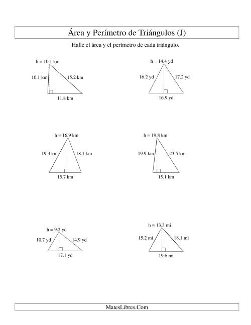 La hoja de ejercicios de Área y Perímetro de Triángulos, Un Lugar Decimal, Rango de 5 a 20 (J)