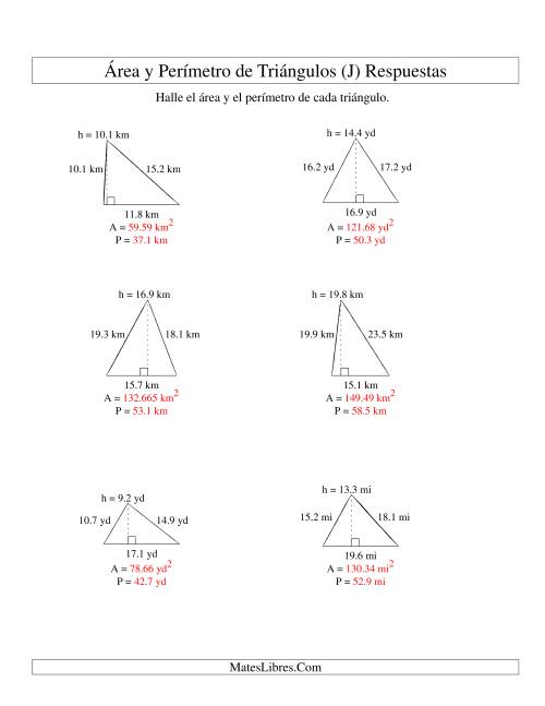 La hoja de ejercicios de Área y Perímetro de Triángulos, Un Lugar Decimal, Rango de 5 a 20 (J) Página 2