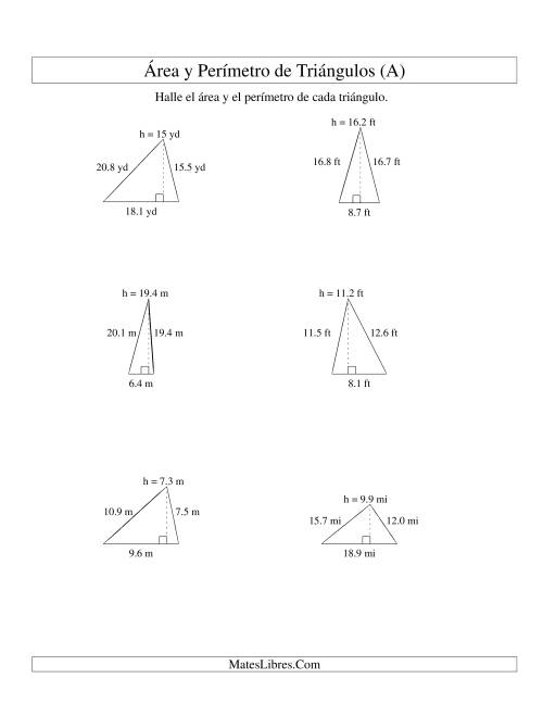 La hoja de ejercicios de Área y Perímetro de Triángulos, Un Lugar Decimal, Rango de 5 a 20 (Todas)