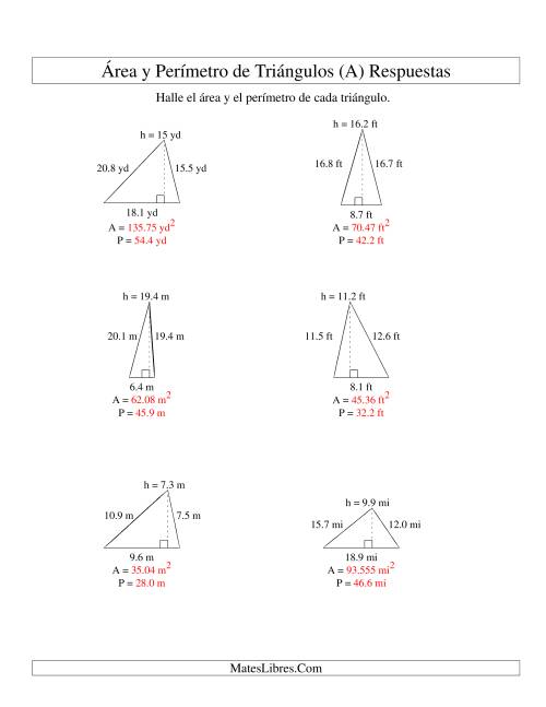 La hoja de ejercicios de Área y Perímetro de Triángulos, Un Lugar Decimal, Rango de 5 a 20 (Todas) Página 2