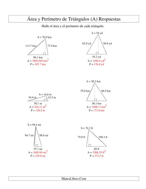 La hoja de ejercicios de Área y Perímetro de Triángulos, Un Lugar Decimal, Rango de 10 a 99 (A) Página 2
