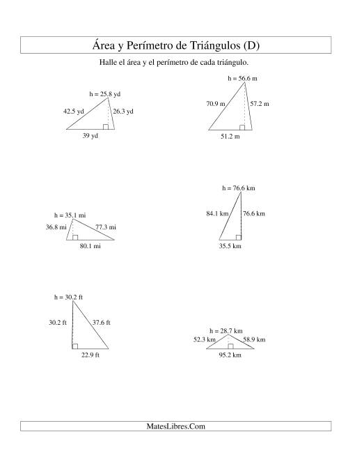 La hoja de ejercicios de Área y Perímetro de Triángulos, Un Lugar Decimal, Rango de 10 a 99 (D)