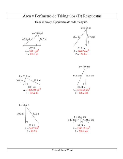 La hoja de ejercicios de Área y Perímetro de Triángulos, Un Lugar Decimal, Rango de 10 a 99 (D) Página 2