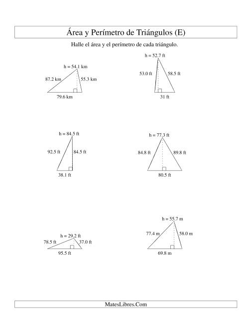 La hoja de ejercicios de Área y Perímetro de Triángulos, Un Lugar Decimal, Rango de 10 a 99 (E)