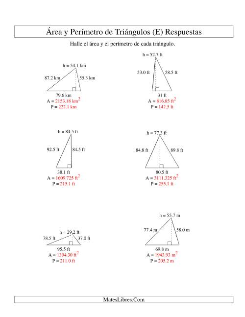 La hoja de ejercicios de Área y Perímetro de Triángulos, Un Lugar Decimal, Rango de 10 a 99 (E) Página 2