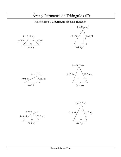 La hoja de ejercicios de Área y Perímetro de Triángulos, Un Lugar Decimal, Rango de 10 a 99 (F)