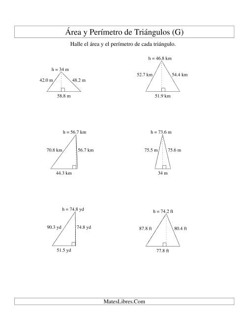 La hoja de ejercicios de Área y Perímetro de Triángulos, Un Lugar Decimal, Rango de 10 a 99 (G)