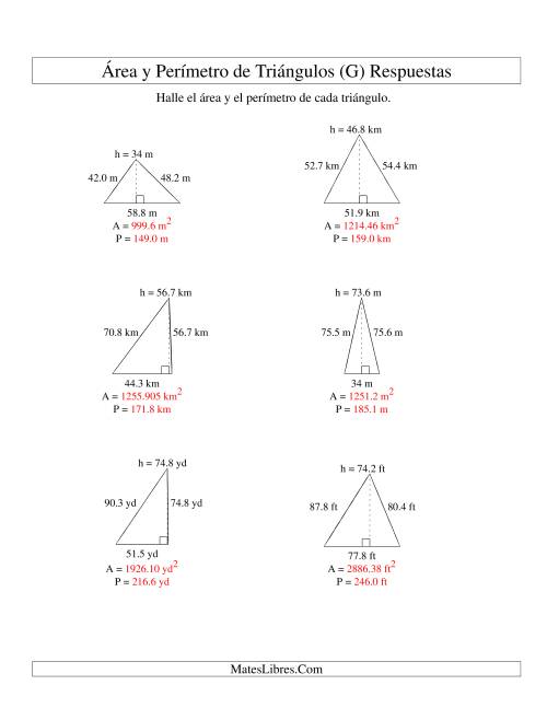 La hoja de ejercicios de Área y Perímetro de Triángulos, Un Lugar Decimal, Rango de 10 a 99 (G) Página 2