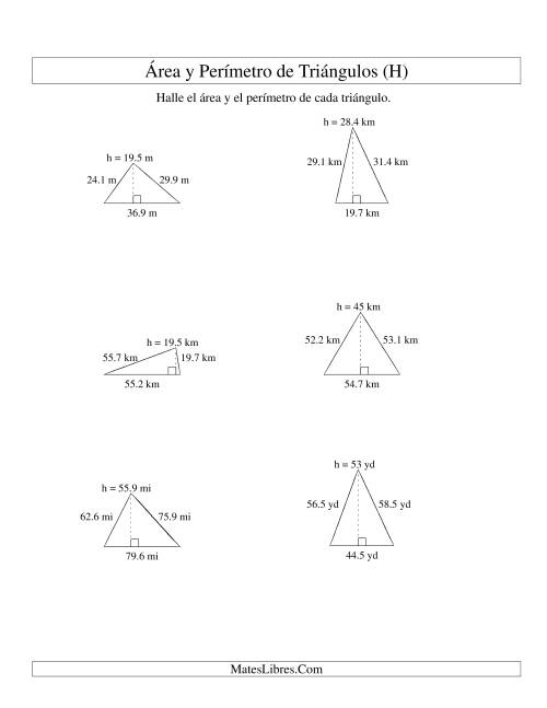 La hoja de ejercicios de Área y Perímetro de Triángulos, Un Lugar Decimal, Rango de 10 a 99 (H)