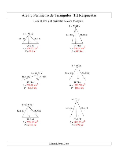 La hoja de ejercicios de Área y Perímetro de Triángulos, Un Lugar Decimal, Rango de 10 a 99 (H) Página 2