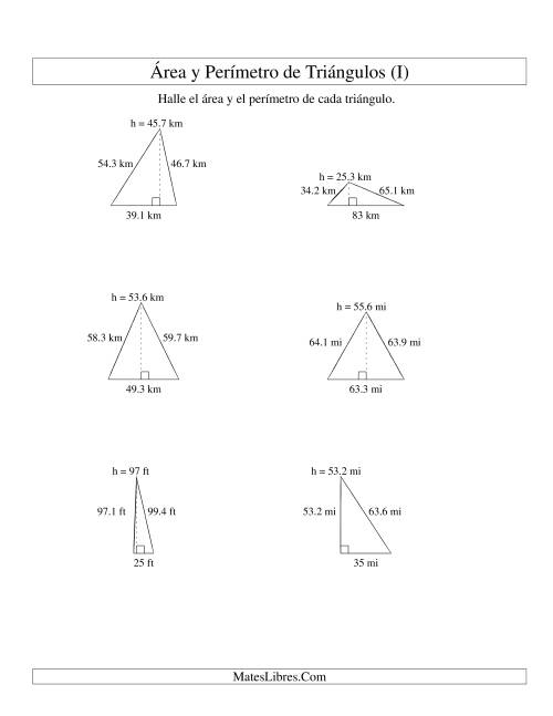 La hoja de ejercicios de Área y Perímetro de Triángulos, Un Lugar Decimal, Rango de 10 a 99 (I)