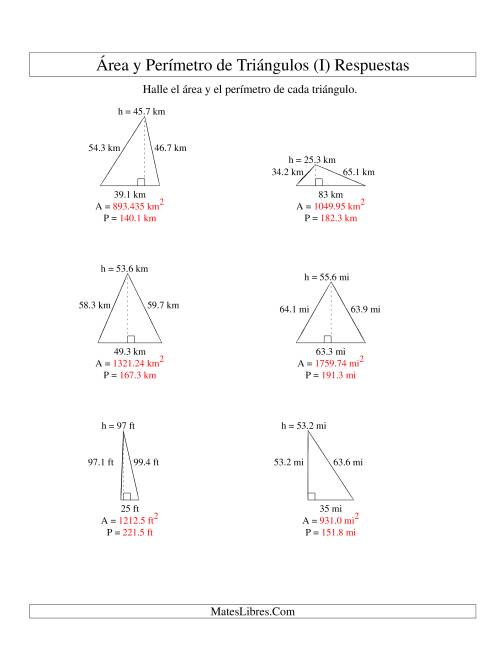 La hoja de ejercicios de Área y Perímetro de Triángulos, Un Lugar Decimal, Rango de 10 a 99 (I) Página 2