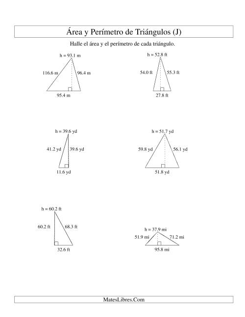 La hoja de ejercicios de Área y Perímetro de Triángulos, Un Lugar Decimal, Rango de 10 a 99 (J)