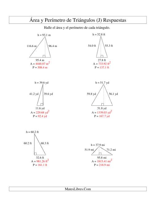 La hoja de ejercicios de Área y Perímetro de Triángulos, Un Lugar Decimal, Rango de 10 a 99 (J) Página 2