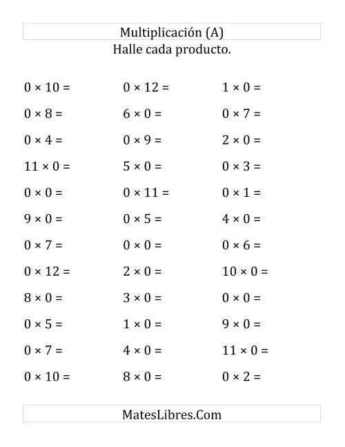 La hoja de ejercicios de Multiplicación Horizontal, Productos de 0 a 12 por 0 (Grande)