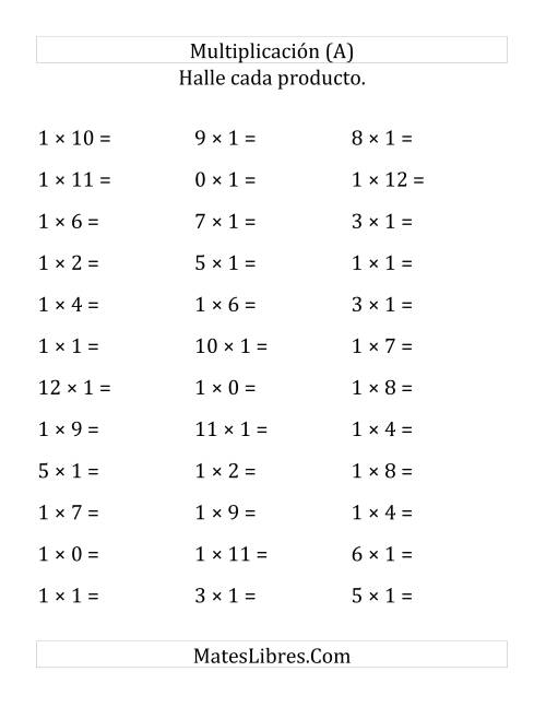 La hoja de ejercicios de Multiplicación Horizontal, Productos de 0 a 12 por 1 (Grande)