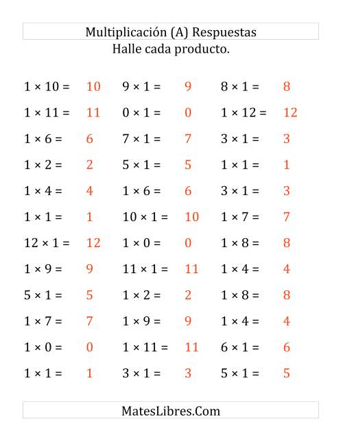 La hoja de ejercicios de Multiplicación Horizontal, Productos de 0 a 12 por 1 (Grande) Página 2