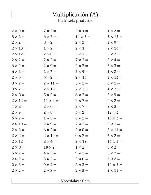 La hoja de ejercicios de Multiplicación Horizontal, Productos de 0 a 12 por 2 (A)