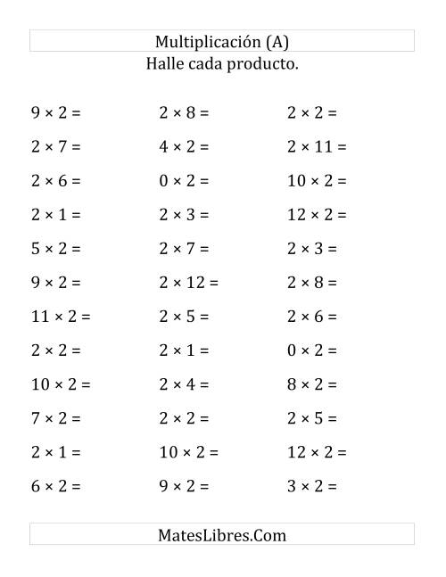 La hoja de ejercicios de Multiplicación Horizontal, Productos de 0 a 12 por 2 (Grande)