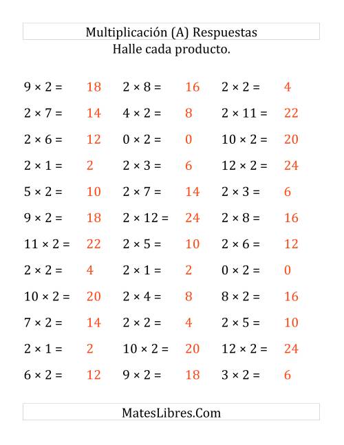 La hoja de ejercicios de Multiplicación Horizontal, Productos de 0 a 12 por 2 (Grande) Página 2