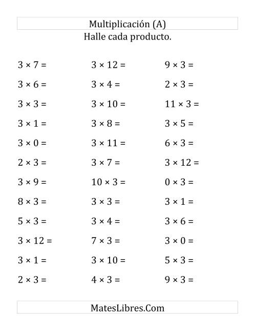 La hoja de ejercicios de Multiplicación Horizontal, Productos de 0 a 12 por 3 (Grande)