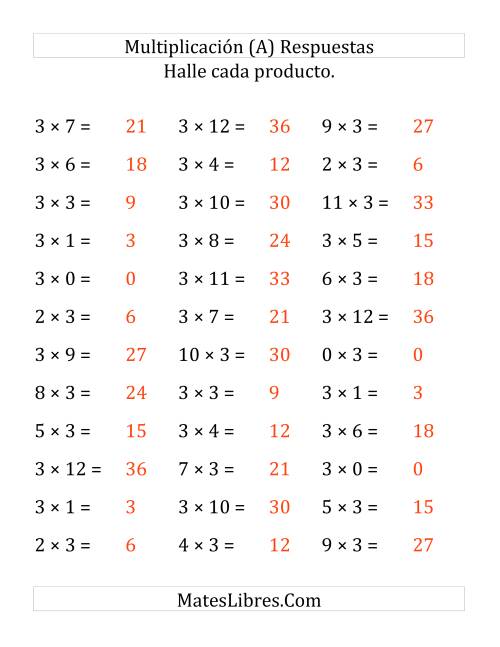 La hoja de ejercicios de Multiplicación Horizontal, Productos de 0 a 12 por 3 (Grande) Página 2