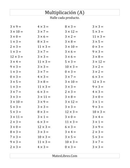 La hoja de ejercicios de Multiplicación Horizontal, Productos de 0 a 12 por 3 (Todas)